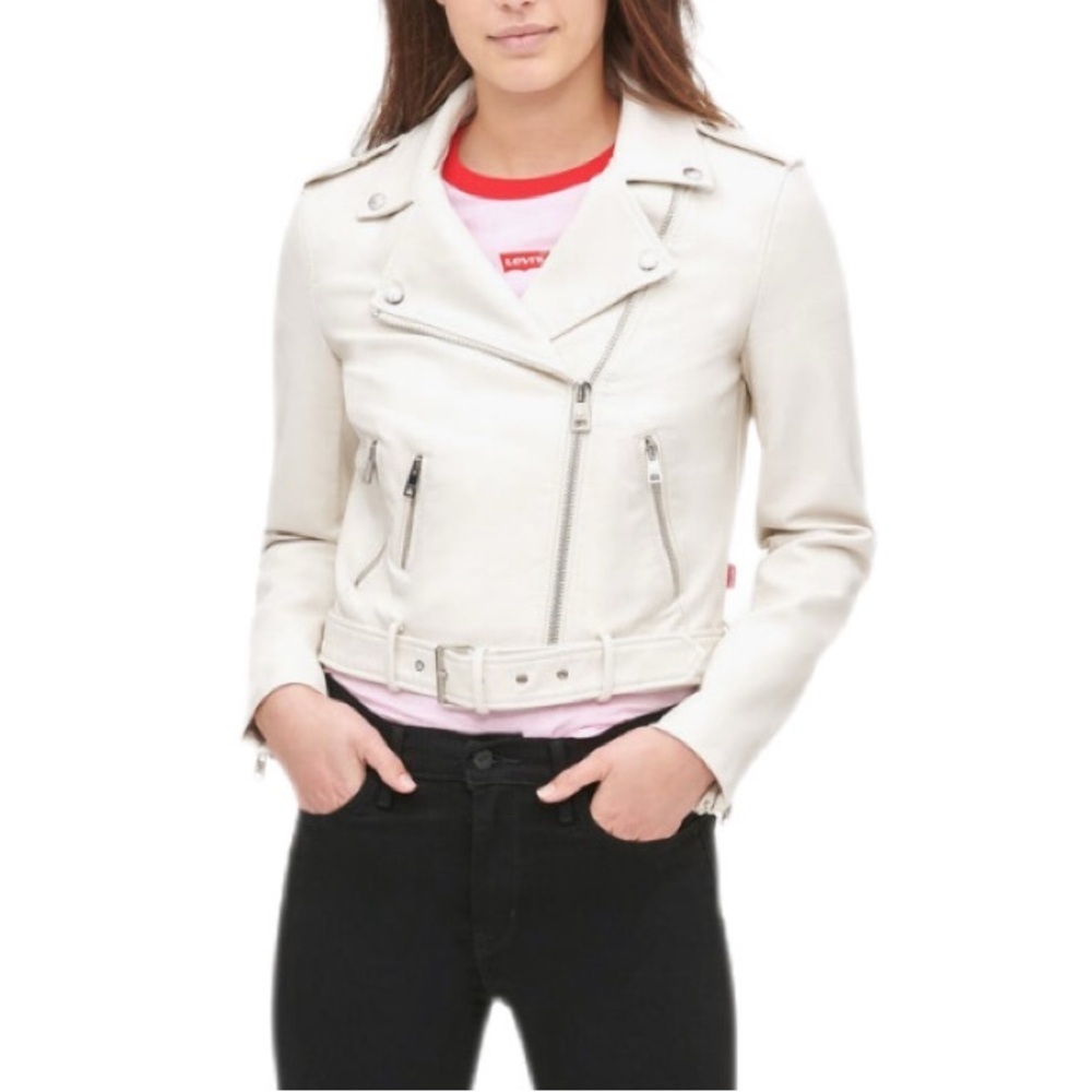Levi Strauss Faux Leather Fashion Belted Moto Jacket NWT Oyster Color Size Large